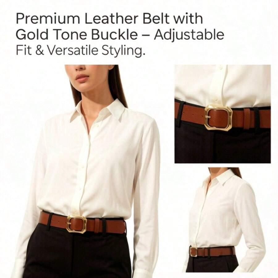 1pc Gold Square Buckle Women's Belt, Fashionable & Luxurious For Daily Wear With Dresses, T-Shirts, Casual Pants - Coffee - View 1