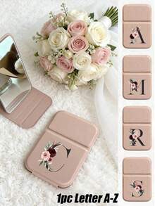 1pc A-Z Letter Foldable Makeup Mirror, Pink Floral Black Letter Portable Travel Makeup Mirror With Stand, Rectangular Desktop Vanity Mirror, Lightweight And Convenient, Personalized Letter Gift Suitable For Mom, Teacher, Girlfriend, Birthday, Mother's Day, Christmas, Graduation, Independence Day, Wedding, Music Festival - Multicolor - View 1