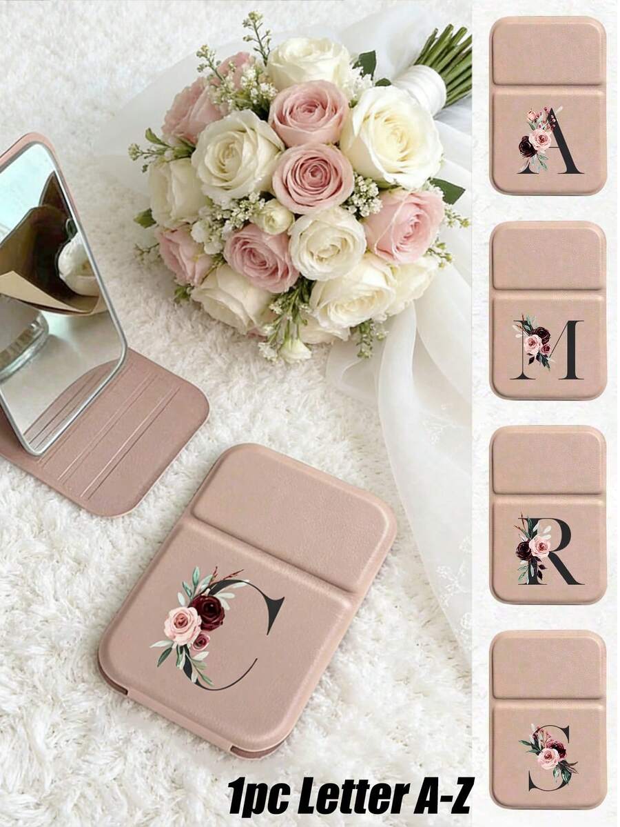 1pc A-Z Letter Foldable Makeup Mirror, Pink Floral Black Letter Portable Travel Makeup Mirror With Stand, Rectangular Desktop Vanity Mirror, Lightweight And Convenient, Personalized Letter Gift Suitable For Mom, Teacher, Girlfriend, Birthday, Mother's Day, Christmas, Graduation, Independence Day, Wedding, Music Festival - Multicolor - View 1