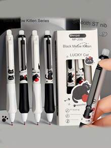 4支装黑色喵喵小喵可擦热敏按压式笔，积极姿势中立笔，蓝黑莫艺可擦笔 - 彩色 - 查看 4