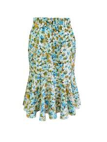 Plus Size Floral Print Bodycon Fishtail Mini Skirt, High Waist Design With Ruffle Hem, Elastic Waistband For Slimming Fit, Suitable For Spring And Summer Vacation - Green - View 3