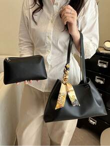 2件套时尚简约扇形丝巾装饰手提袋、迷你手拿包、手提包，适合女性购物、通勤、旅行和日常使用 - 黑色 - 查看 4