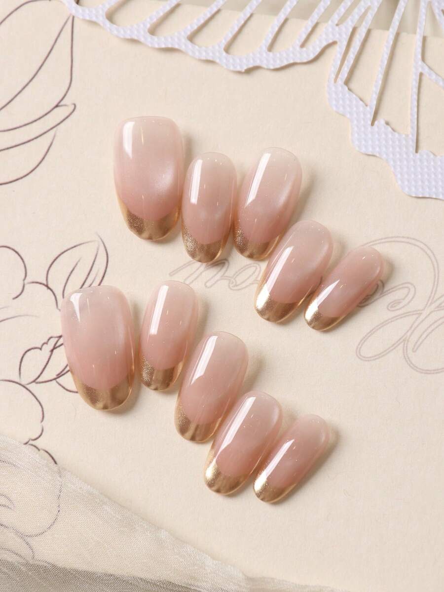10pcs Acrylic Press On Nails Golden French Cat's Eye Press On Short Nails Fake Nails Office DailyWear False Nails Artificial Nails Kit Includes 1sheet Adhesive Tabs &1 Pc Mini File - Multicolor - View 1