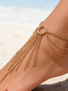1pc Multi-Layer Tassel Chain Toe Ring, Metal Circular Ring With Multi-Chain Design, Bohemian Style Beach Resort Accessory, Sexy & Unique Layered Foot Jewelry - Golden - View 2