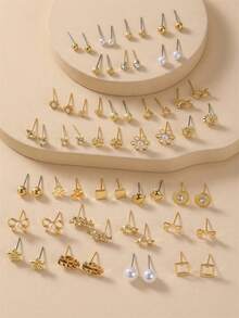 Set de 30 pares de aretes de cristal minimalistas con diseños de flor, corazón, lazo y perla falsa, adecuados para uso diario, citas y fiestas - Dorado - Ver 3