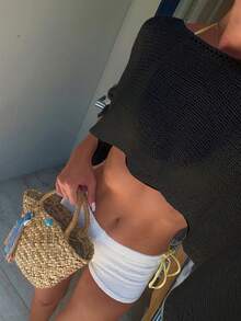 女款休閒性感 Y2K 透視輕量露肩短版針織毛衣上衣披肩大碼海灘罩衫 度假約會夏季 - 黑色 - 查看 5