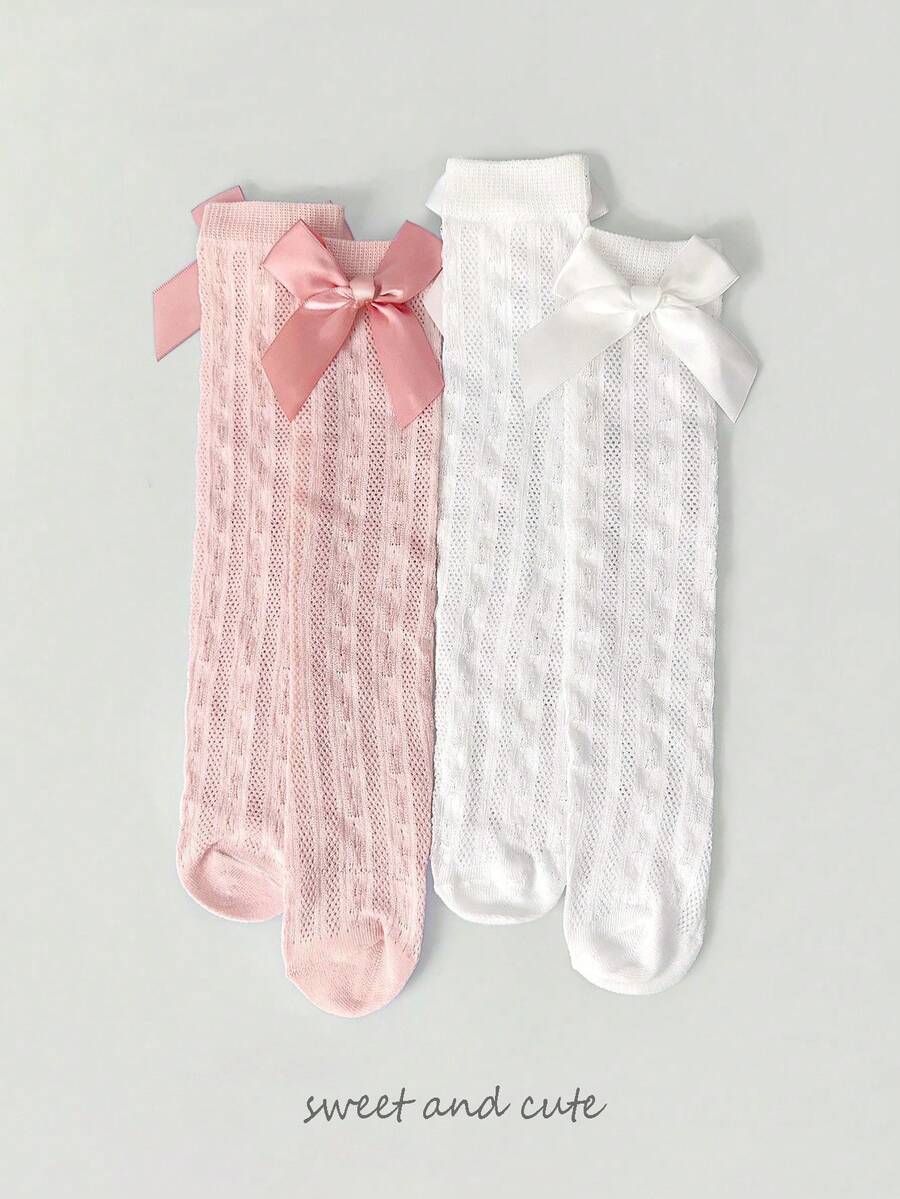 1/2 pares de calcetines de media caña con moño para niñas, calcetines transpirables de malla para primavera/verano, estilo dulce, adecuados para uso diario - Multicolor - Ver 1