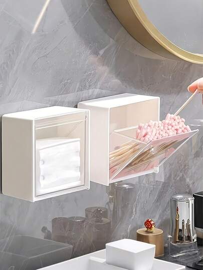 2 hộp đựng đồ treo tường màu trắng có nắp lật, hộp đựng đồ bằng nhựa di động tiết kiệm không gian với ngăn trong suốt, thích hợp để đựng tăm bông, bàn chải đánh răng, kem đánh răng, đồ dùng nhẹ cho phòng tắm hoặc không gian nhỏ.