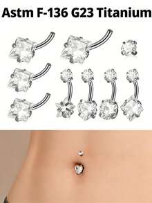 1 pieza Anillo de ombligo/estrella/cuadrado/redondo de titanio con circonita cúbica, pendientes de cartílago de oreja, tragus, helix, daith, joyería corporal para perforación - Color titanio - Ver 10