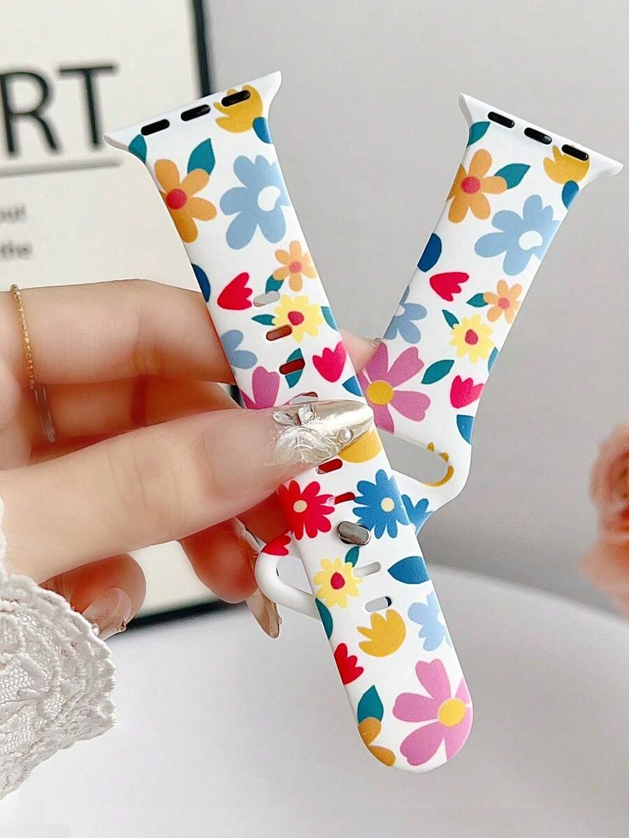 1条女士时尚花卉图案硅胶表带，兼容表带38mm 40mm 41mm 42mm 45mm 49mm (S10 42)mm (S10 46)mm，彩色多巴胺花朵图案，舒适可更换防水运动表带，兼容 Ultra/SE/10/9/8/7/6/5/4/3/2/1，运动时尚智能手表表带，女士表带，精致女士时尚手表配件。 - 彩色 - 查看 1