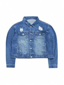 Plus Size Women Long Sleeve Pocket Button Vacation Distressed Denim Jacket Casual Spring - Medium Wash - View 7