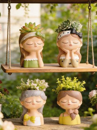 وعاء زراعة الصبار الراتنجي الجذاب - وعاء زهور بشخصية كرتونية جميلة مع عيون مغلقة، فيونكة خضراء وتفاصيل مرسومة باليد، بناء راتنجي متين بنهاية مطفأة ناعمة، مثالي لديكور المكتب، طاولة الزينة، رف الحضانة، أساسيات الشقة الصغيرة، إكسسوارات المنزل البوهيمي، وأفكار هدايا فريدة، مثالي لزراعة النباتات الصغيرة، الصبار، أو الزهور الاصطناعية لإضافة سحر أنثوي مرح وخيالي إلى مساحة معيشتك المريحة