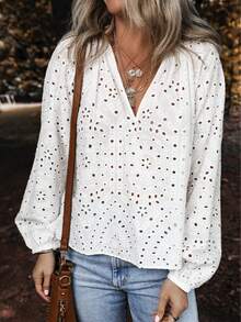 Solid Color Embroidered V-Neck Long Sleeve Shirt, Casual Wear Vacation Spring White - White - View 3