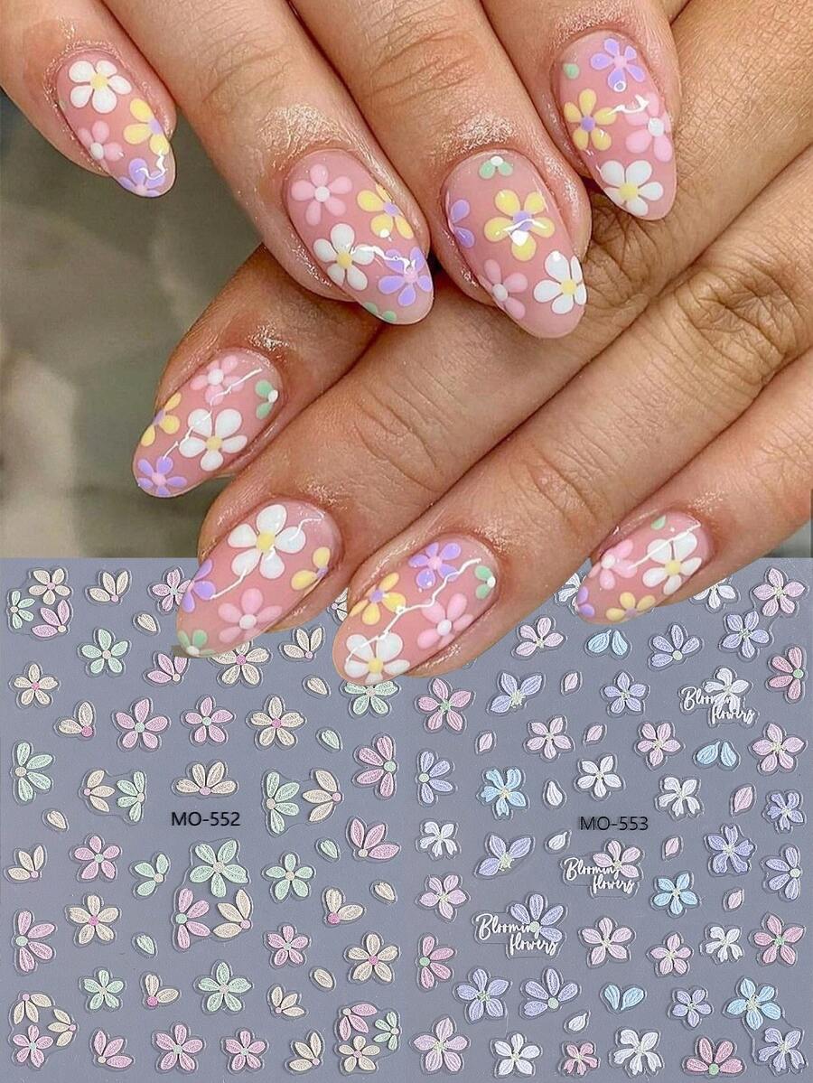 2 Stücke/Set bunte Frühlings-Blumen Nagelkunst Sticker, 5-Blüten Gänseblümchen Nail Decals in Weiß, Pink, Blau, Grün, Gelb, süße japanische Stil Nail Salon Accessoires für Frauen - Verschiedenfarbig - Übersicht 1
