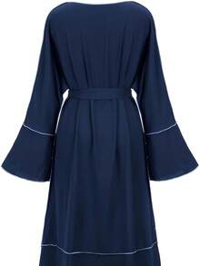 Ramadan Contrast Trim V-Neck Belted Abayas, Elegant Flare Sleeve Maxi Length Dress, Women's Clothing - Royal Blue - View 2