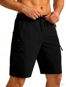 男士夏季休闲工装短裤，多口袋户外徒步速干透气短裤 - 黑色 - 查看 3