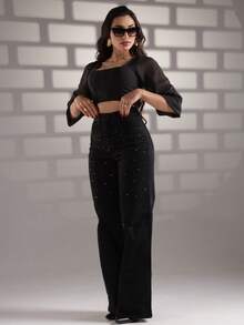 Women's Black Jeans With Rhinestone Glitter, High Waist, Premium Style - Negro - Ver 5