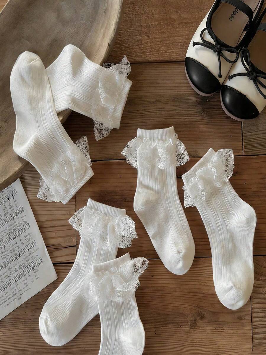 6双装婴儿/儿童夏季纯白蕾丝公主袜，韩版蕾丝袜，适合日常休闲穿着，舒适透气，适合送礼、约会、休闲等场合 - 白色 - 查看 1