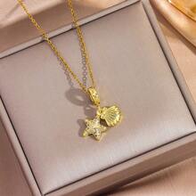 1pc 18K Gold Plated Luxury Micro-Inlaid Zirconia Starfish & Shell Necklace, Stainless Steel Fashionable Necklace Suitable For Daily Wear - Gold - View 1