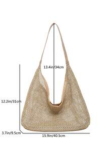 夏季女士编织手提包，时尚单肩手提包，适合通勤、海滩旅行，草编包 - 卡其色 - 查看 3