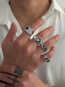 Set 4 Cincin Bintang Spiral Gaya Punk, Cocok untuk Pemakaian Kasual Sehari-hari Pria - Set isi 4 - View 3