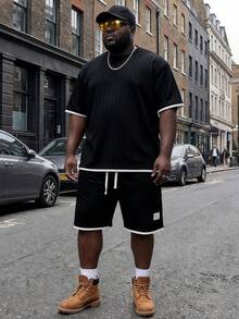 Plus Size Jacquard Short Sleeve & Shorts Set, Jacquard Round Neck Short Sleeve T-Shirt, Straight 5-Inch Sports Shorts, Suitable For Summer Travel & Beach - Black - View 9
