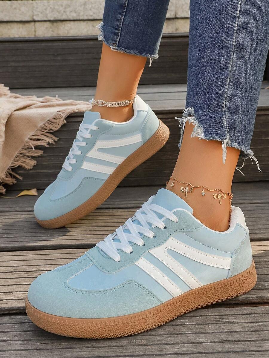 Women's Casual Versatile Striped Fashion Attractive Comfortable Durable Rubber Soft Bottom Breathable Lightweight Splicing Sneakers, Fashionable Versatile Breathable Korean Style - Blue - View 1
