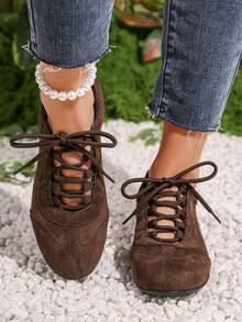 新款女士休闲运动鞋，棕色多功能徒步鞋，镂空圆头系带，舒适平底轻便日常户外徒步通勤鞋 - 棕色 - 查看 6