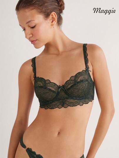 Áo ngực Maggie Olive Green Lace Lingerie, kiểu Pháp lãng mạn, nâng ngực.