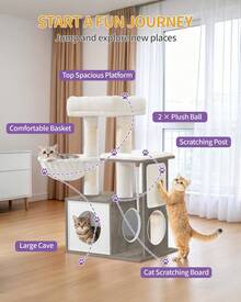 HaluPeit Arbre à Chat 85 cm de Haut, avec 3 Poteaux à Griffer, Tapis Amovible et Lavable, 1 Niche, 2 Plateformes, Corde en Sisal, 1 Panier pour Chat et des 2 Pompons, Lvoire Clair - Blanc - Voir 3