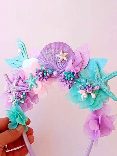 2pcs Shiny Mermaid Tail And Starfish Headband Set, Mermaid Birthday Girl Costume, Mermaid Crown Headpiece, Colorful Sequin Pearl Decorated Headband, Star And Shell Decor, Party Fairy Wand, Suitable For Underwater Princess Theme Decor, Amusement Park Costume Headwear, Birthday Party, Festival Hair Accessories | Glitter Details | Durable Headband, Girls Birthday Party Decorations, Girls Dress Up Party Favors