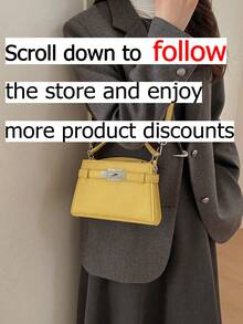 Sac à main mode avec fermoir à cadenas, nouveau petit sac carré haut de gamme, sac à bandoulière et sac à bandoulière 2-en-1 pour femmes, sac à bandoulière  PU texture de litchi - Jaune citron - Voir 2