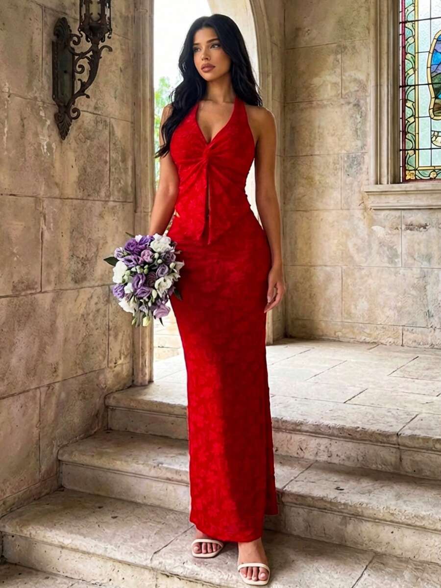 Conjunto de top de tirantes rojo elegante y falda larga para mujer, conjunto de 2 piezas texturizado minimalista, atuendo elegante para invitada de boda primaveral, vestimenta casual madura para vacaciones - Rojo - Ver 1
