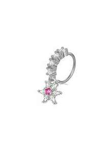 8pcs Copper Zirconia Stone Pendant Nose Rings, Butterfly, Heart, Star Moon, Flower Designs, Nose/Ear Dual Use Piercing Jewelry Suitable For Men And Women - Silver - View 5