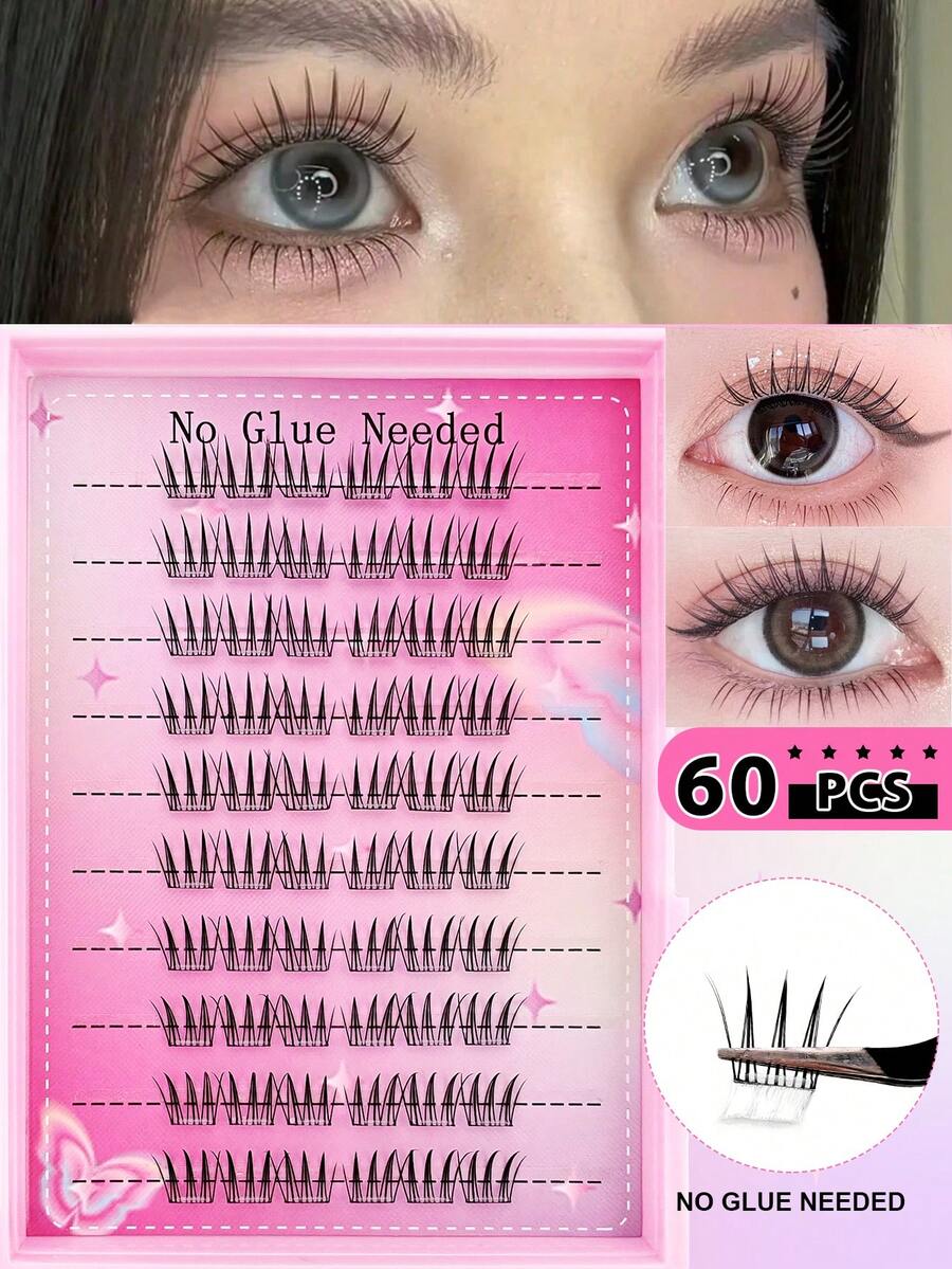 60pcs C-Curl Self-Adhesive Eyelash Clusters, Natural Korean Girl Group ACE Style Cartoon Lashes Without Glue, Painless Tape - Long-Lasting Lashes With No Residue - C - 查看 1