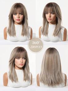18 Inch Ash Blonde Wig Mixed Color With Highlights Straight Bob Wig With Bangs For Women, Heat Resistant Synthetic Wig For Daily & Party Wear - Màu dương cầm - Xem 7