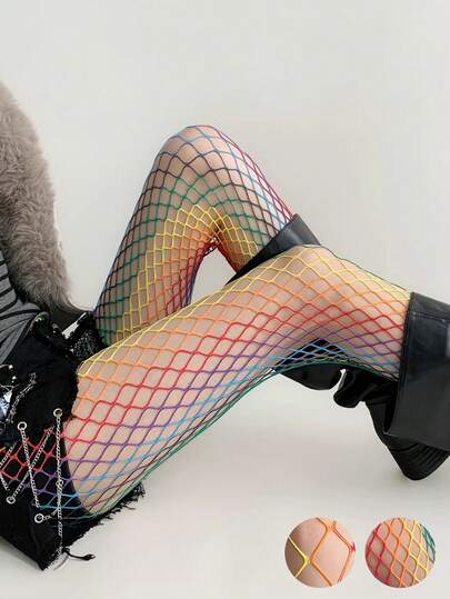 1 Pair Rainbow Fishnet Stockings, Sexy Hollow Out Pantyhose, Fashionable Women Tights, Unique Y2K Colorful Fishnet Pantyhose, Patchwork Rainbow Grid Sexy Mesh Stockings, Suitable For Night Out, Singles Party, All Seasons