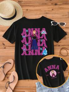 Disney Women's Casual Cotton Round Neck Short Sleeve T-Shirt With Anna Frozen Graphic Print - Black - View 1