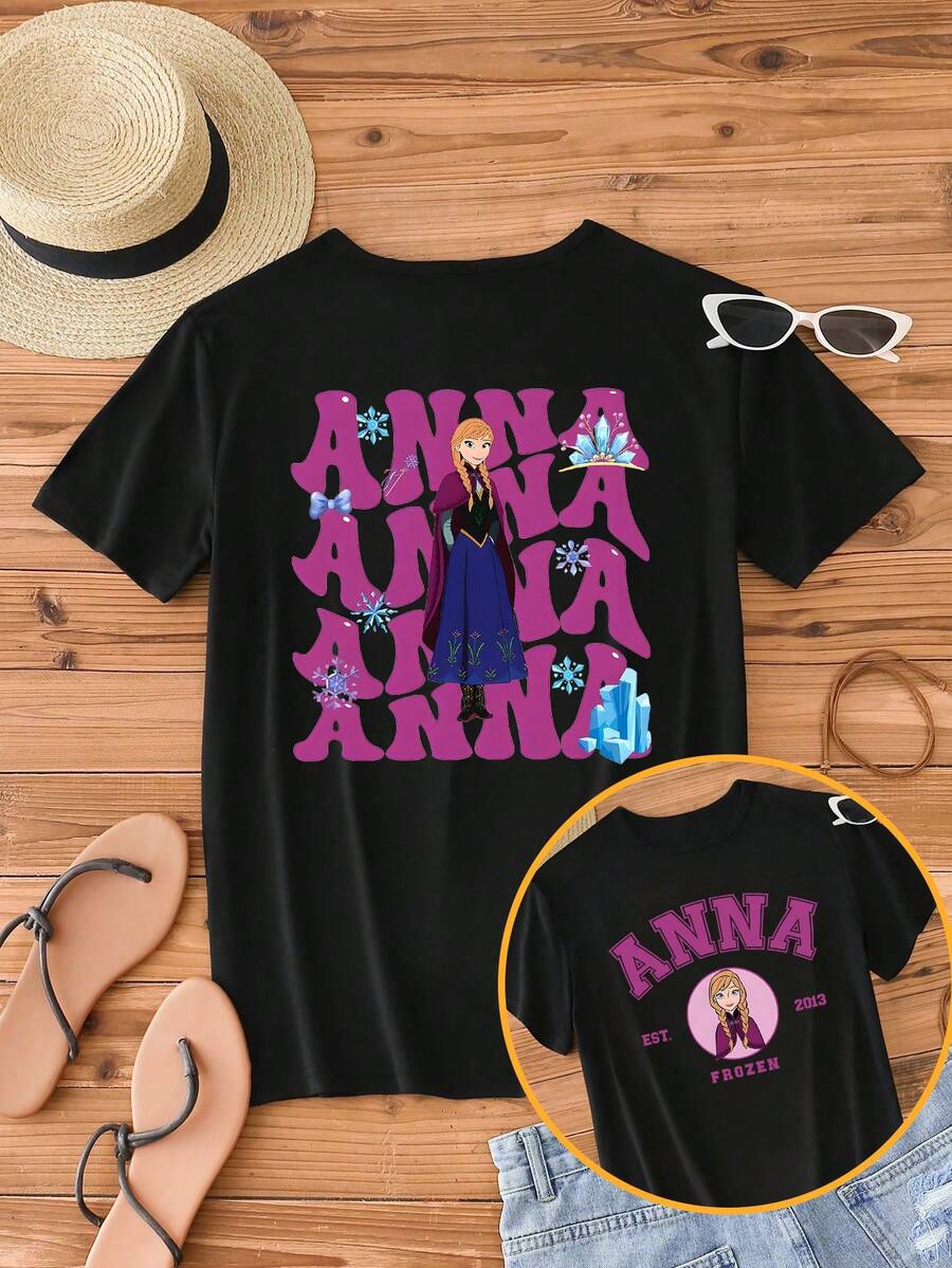 Disney Women's Casual Cotton Round Neck Short Sleeve T-Shirt With Anna Frozen Graphic Print - Black - View 1