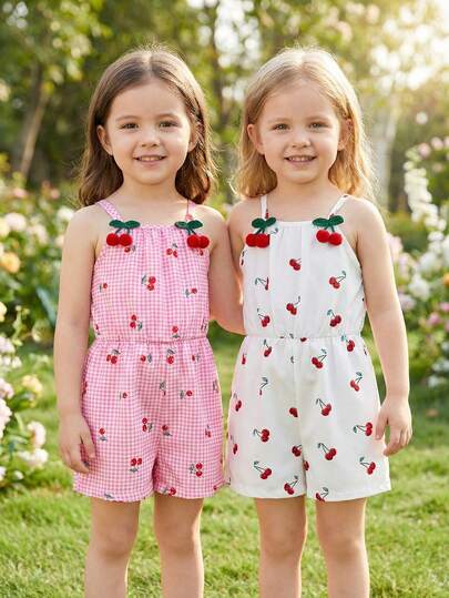 BASUSARRI 2pcs/Set Girls' Sleeveless Cherry Print Backless Romper & Shorts, Plaid Digital Print, Waisted, Cute & Versatile Summer Outfit
