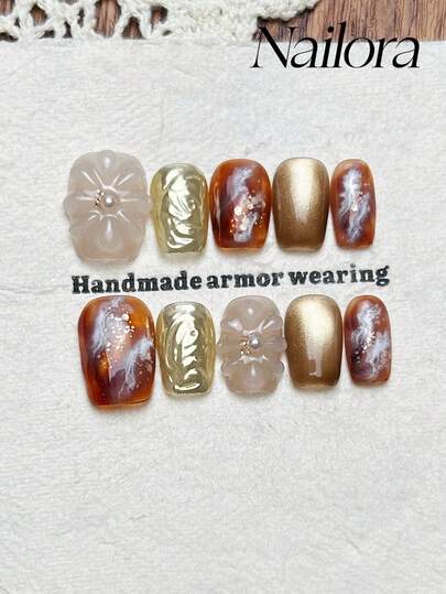 10片手工方形亚克力美甲贴片，适合短指甲，柔和棕色、粉色渐变白色，闪亮猫眼图案，手绘3D雕刻花朵，镶嵌闪亮小珍珠，简约优雅奢华的春季美甲，夏季美甲贴片，多功能DIY假指甲，适合派对、日常、约会、海滩、热带度假等场合，可重复使用，送给女性和女孩的礼物，美甲用品