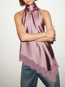 Women's Satin Halter Top Lace Trim Asymmetrical Hem Mock Neck Backless Blouse With Tie Back Clubwear Streetwear - 粉色 - 查看 5