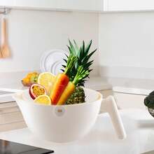Double-Layer Plastic Vegetable Washing Basket - Versatile Fruit Drainer For Kitchen - Cream White Design - S - View 1