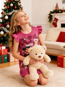 KPop Girls Demon Dress Hunters Print Ruffled Sleeve Dress For Girls,  Print, Casual Everyday Style - Hot Pink - View 2