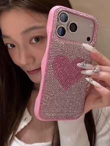 Bling Bling Heart Shaped Rhinestone Phone Case For IPhone 14/17/17 Pro/17 Pro Max, Fashionable Girl Style - Pink Background With Silver Hearts - View 2