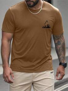 Casual Short-Sleeve T-Shirt With Geometric Mountain Print, Men's Streetwear, End-Of-Year Fashion - 鏽棕色 - 查看 2