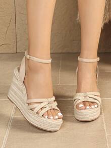 Women's Platform Wedge Sandals, Bohemian Buckle Criss-Cross Strap, Vacation - Apricot - View 4