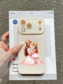 1pc Mother-Daughter Princess Illustration, Crown, Pink Dress, Matte White Shockproof Lens Protection Phone Case, Cute Phone Case, Warm Mother-Daughter Aesthetic Design Fashion Phone Case, Compatible With IPhone & Galaxy - White - View 3
