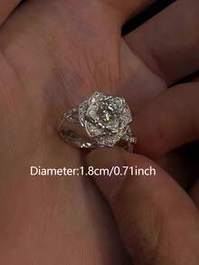 1pc Elegant Luxurious Cubic Zirconia Flower Design Copper Open Ring, Gentle Chic For Daily, Vacation, Wedding - Silver - View 3
