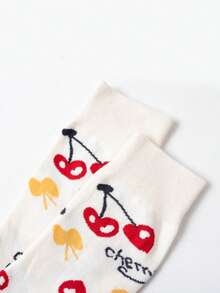 2/4 Pairs Random Women Socks, Cute Bear, Contrast Diamond Pattern, Heart Cherry, School Style Mid-Calf - Multicolor - View 4